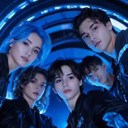 youngsters posing together in blue lights and wearing black jackets