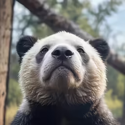 a panda bear looking upwards at the camera