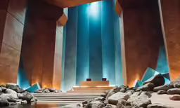 a stone and concrete stair leading to a church on the coast