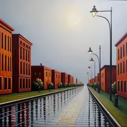 a painting of two buildings sitting on top of a wet street,a painting of a city street with buildings on both sides and a light pole on the right,painting of an empty city with large water - puddles,painting of street lights and water running in front of red building,there are three street lights and one is reflecting in the water