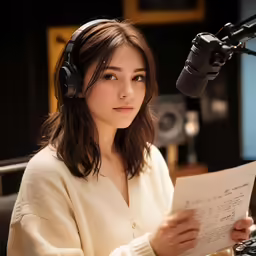 a woman sitting in front of a microphone reading a piece of paper