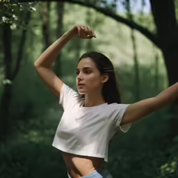 the woman poses with her arms extended outside