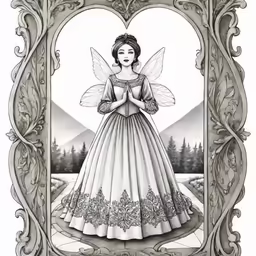 a lady wearing a ball gown and an ornamental frame with a picture frame in the background