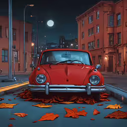 an old red car parked near a pile of orange leaves,an old fashioned red car sitting on the side of a road