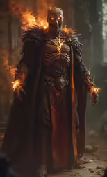a man in costume with flames and a skull on his head