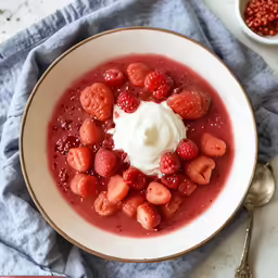a bowl of berries and yogurt with a spoon