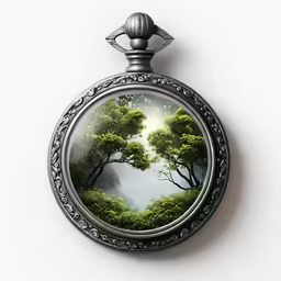 a clock with trees on it is hanging off the wall