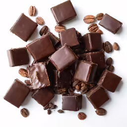 chocolate bars and nuts on a white surface