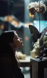 a woman with a butterfly on her head in front of flowers