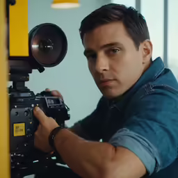 man holding up camera on tripod in building