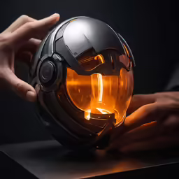 someone holding a light helmet in their hand
