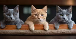 three cat looking over a rail in a line