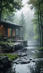 a cabin sits on the shore of a stream surrounded by fog