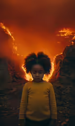 young black girl in yellow shirt standing in front of large flames