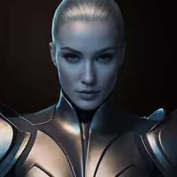 a woman dressed in armor poses for the camera