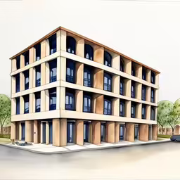 the drawing shows the side view of the building,an artistic drawing of a building made from colored pencils,a painting of a large building on the side of the road,a picture of a building that is on the corner,a drawing shows a corner - less building with several levels of windows and balconies