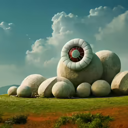an object sitting on top of large rocks in a field