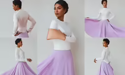 two photos of a woman posing in a lavender skirt and white shirt