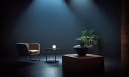 a dark blue room with a small candle in the corner
