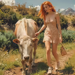 a young woman walking next to a white cow on top of a lush green field