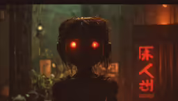 a creepy creepy woman with red eyes with a lantern