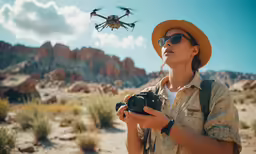 a man in a hat holds a camera near a quadcoptern with the image of a bird flying over him