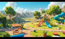 this is a 3d picture of a park with various playground equipment