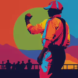 a silhouette of a man with an orange baseball cap, blue jeans and red and yellow jacket,a man is standing in front of a fence and wearing a backpack