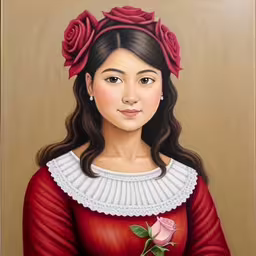 painting of a woman holding a rose by a brown wall,a portrait of a woman with a red rose in her hair