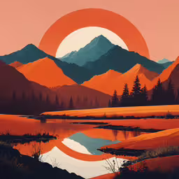 the sun is setting behind a mountain range,a painting of mountains and hills with trees and lake