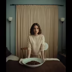 a woman standing behind a bowl of food on a table