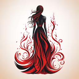 the girl with long red dress is in flames,a woman in red dress with long flowing hair