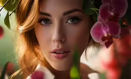 a beautiful young woman standing in a field with flowers