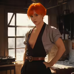 an attractive woman with red hair is posing