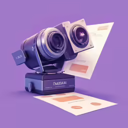 a purple and white camera sitting on top of an item