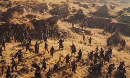 an aerial view of people and horses in the desert