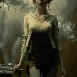 a woman holding a suitcase in front of a painting