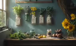 various jars and vases of flowers sit next to a window