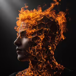 woman with flames in her face and face to her side
