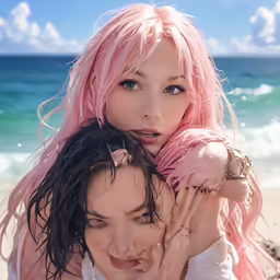 two girls with long pink hair on the beach
