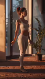 a woman with toned bra and tights poses near a house