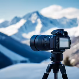camera is on a tripod in front of a snowy mountain