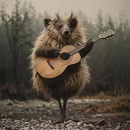 a very cute looking furry animal holding a guitar