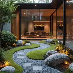 a backyard with a small walkway leading to an outdoor kitchen