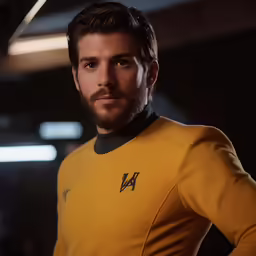 a man dressed in yellow standing next to an object