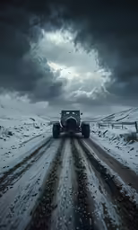 car with wheels going down a narrow icy road