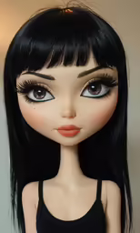 a girl with black hair and big eyes