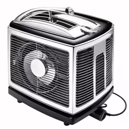 a chrome and black mini - tower air cooler
