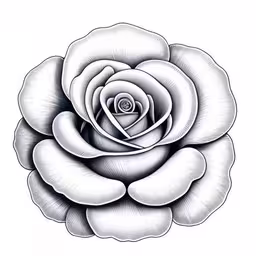 a large white flower with a black outline drawing,a flower on white background, which is hand drawn,a rose drawing in pen and ink,a flower with petals on a white background,a rose drawn in a line art technique