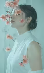 a girl with flowers in her hair standing in front of the camera